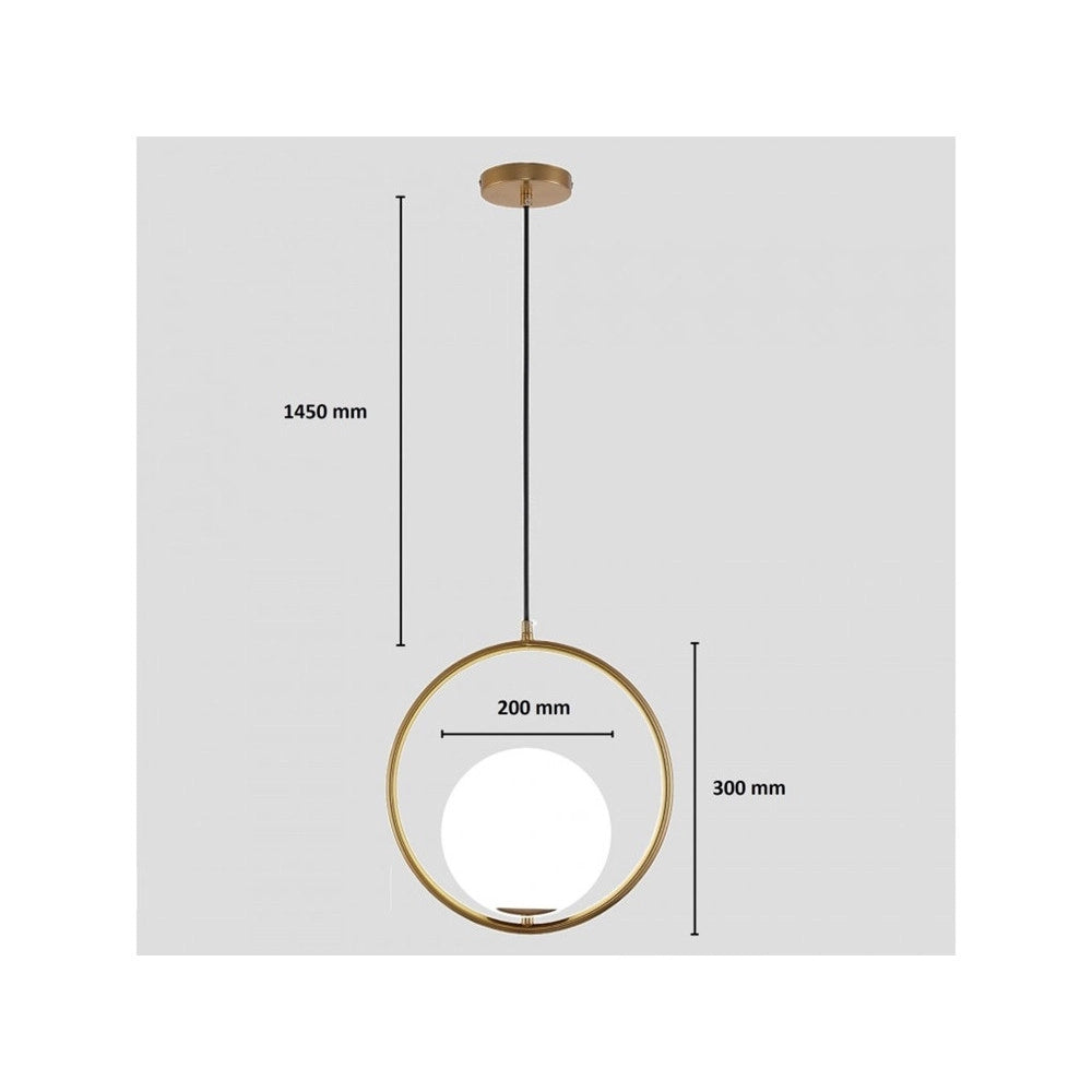 Trade Shop - Lampadario A Sospensione Cerchio Metallo Con Sfera Vetro Bianco Attacco E27 Oro 32811 -