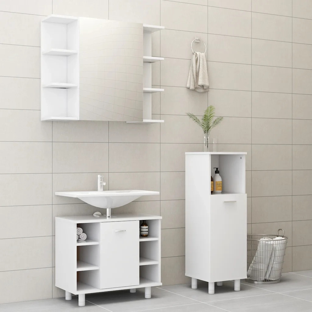 Set Mobili da Bagno | Armadio da bagno 3 pz Bianco in Truciolato