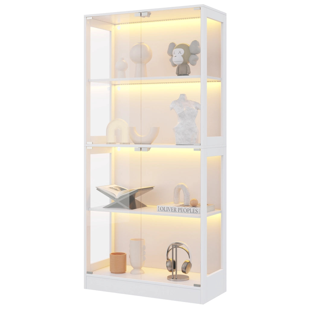 Vetrina con LED da app, 4 ripiani e porte push-to-open, per soggiorno, in MDF e vetro, bianca 80 × 35 × 170 cm