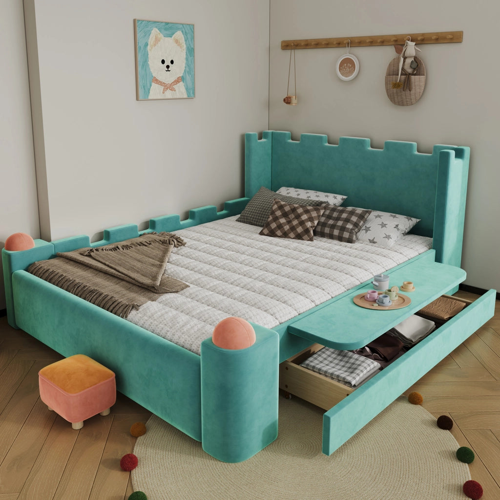 Letto imbottito 140x200 cm con sponda pieghevole e cassetto contenitore in velluto blu-verde