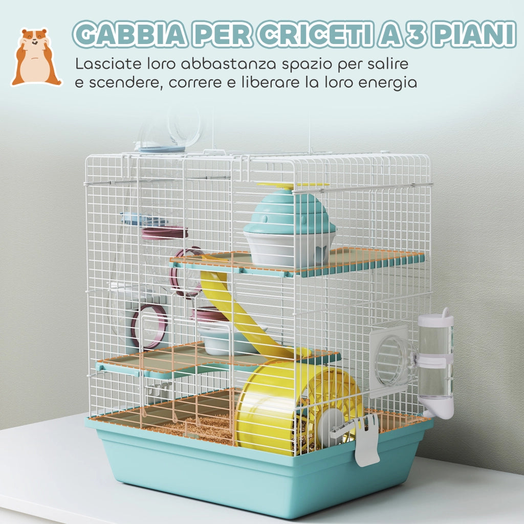 Gabbia per Criceti a 3 Livelli e 12 Tubi con Casetta, Rampa, e Accessori, in Metallo e Plastica, 34.5x27.5x41 cm, Grigio