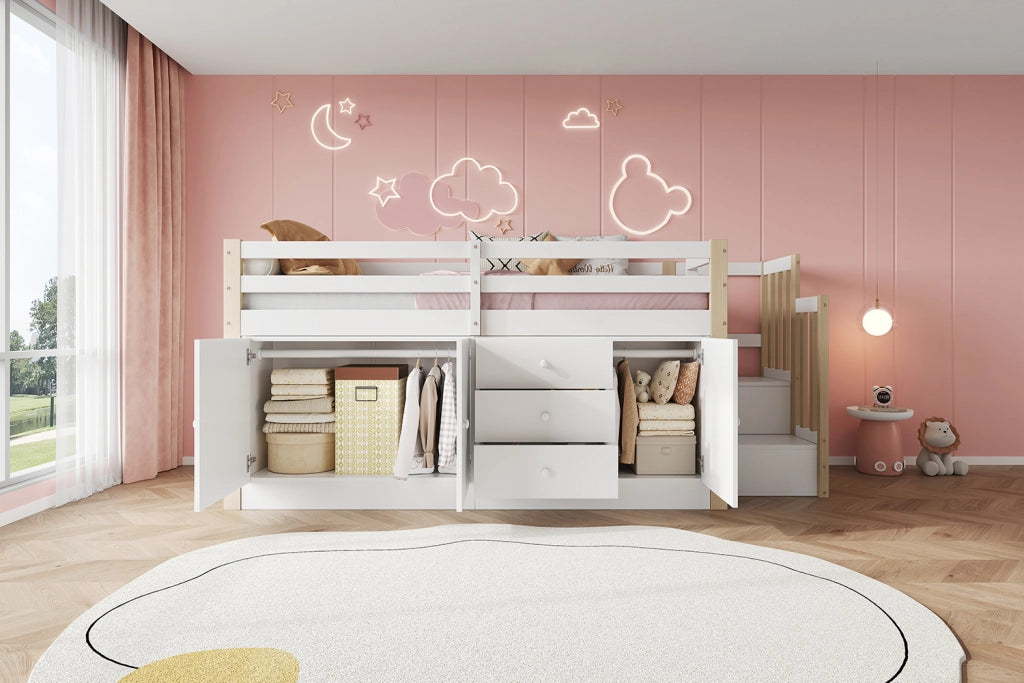 Letto a castello bianco con scala cassetti e armadietti in MDF 90x200 cm