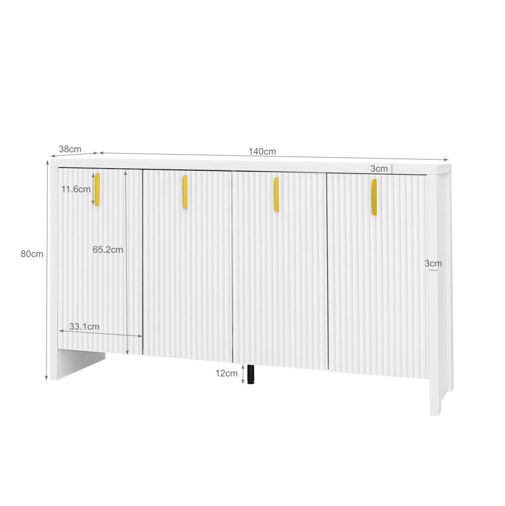 Credenza 140x38x80 cm con ripiani regolabili e 4 ante in pannello truciolare bianco