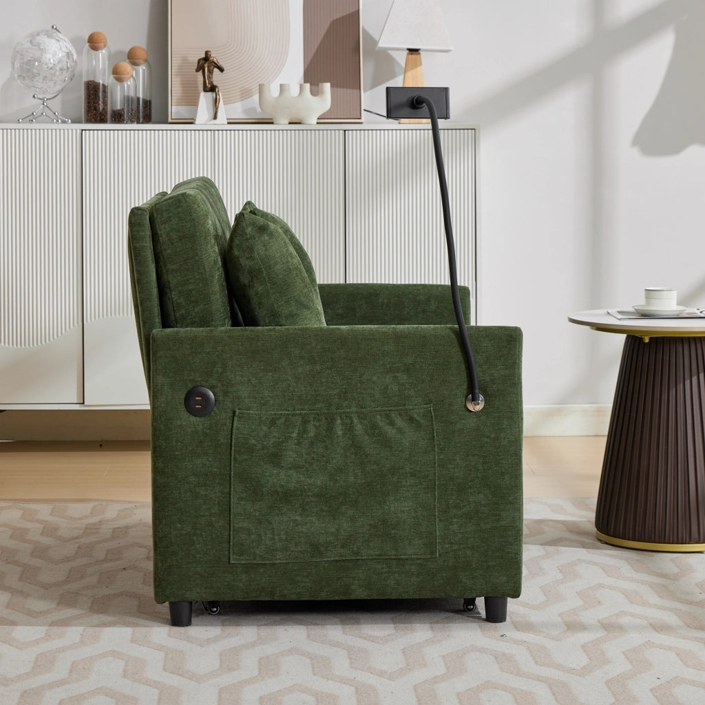 Divano letto moderno con porta USB e supporto tablet in tessuto di lino spazzolato verde 109 × 72 × 83,5 cm