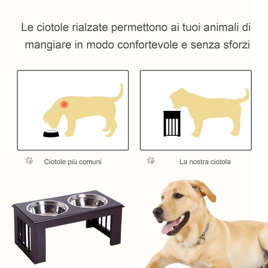 EasyComfort Ciotole Rialzate per Cani Taglia Media, Supporto Portaciotole in MDF con 2 Ciotole in Acciaio Inox per Cibo e Acqua, Caffè Scuro