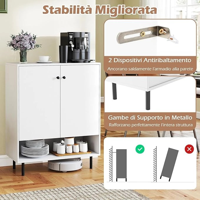 Credenza da Cucina, Armadietto da Terra Salvaspazio con 1 Ripiano Regolabile e 1 Vano, Mobiletto in Legno per Bagno, Soggiorno, Cucina, Ingresso, 75 x 35 x 95 cm, Portata 110 kg (Bianco)