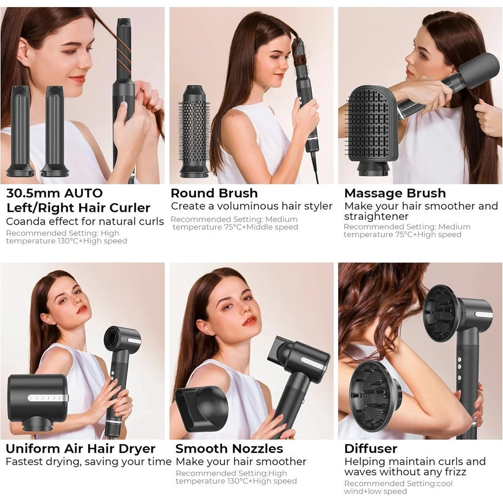 Trade Shop - Asciugacapelli Spazzola Phon Professionale Con Diffusore 7 In 1 Capelli Ricci Lisci -