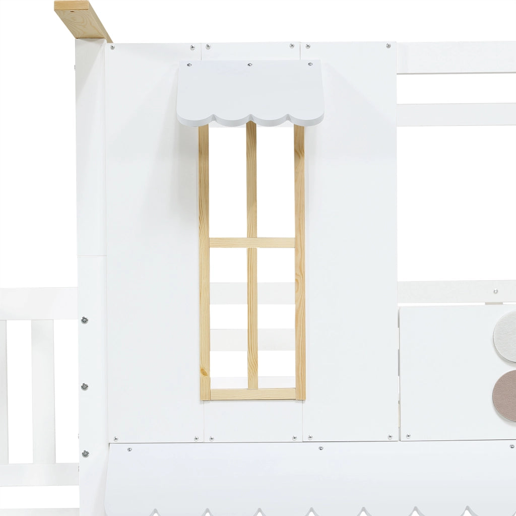 Letto a Castello 90x200 cm; con Scala Contenitore; Finestre e Tetto - Bianco Naturale