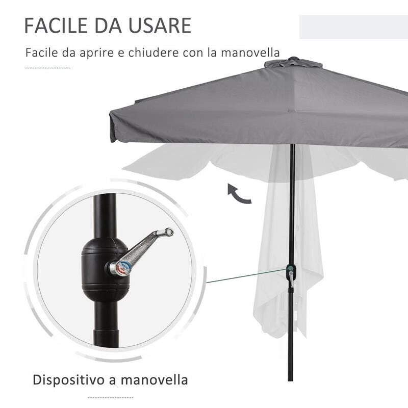 OMBRELLONE SEMICIRCOLARE DA TERRAZZA E GIARDINO CON MANOVELLA, 230X130X249CM, GRIGIO