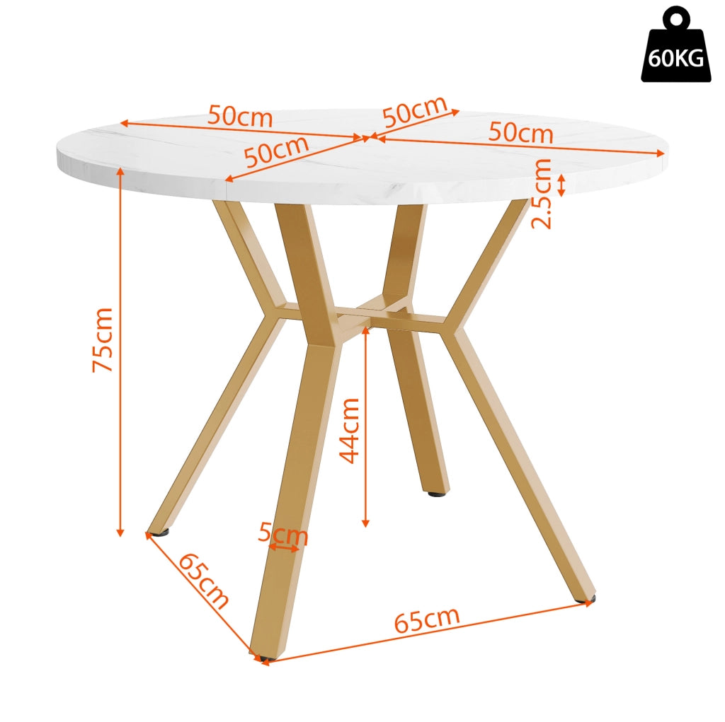 Set tavolo e 4 sedie; raggio 50 cm; piano effetto marmo; MDF; oro e verde