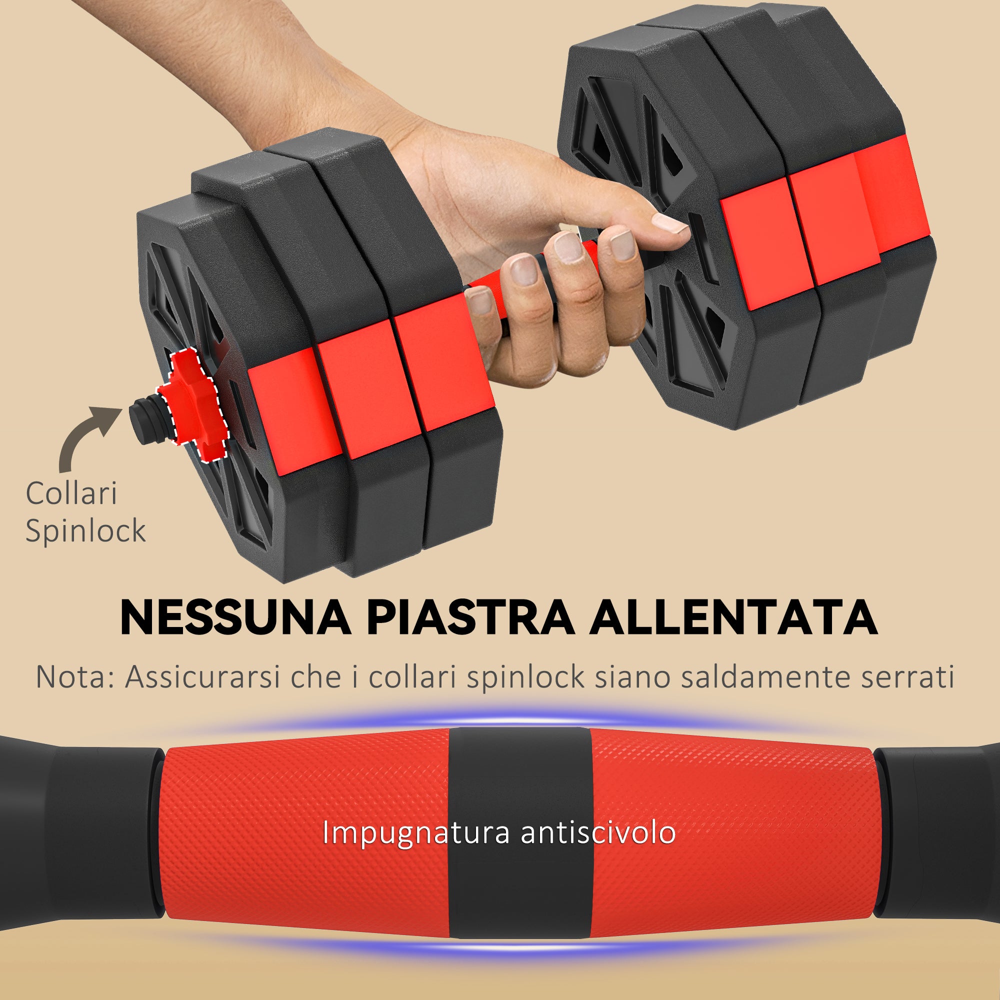 Set Pesi Palestra 4 in 1 30kg Manubri Bilanciere Kettlebell Rosso
