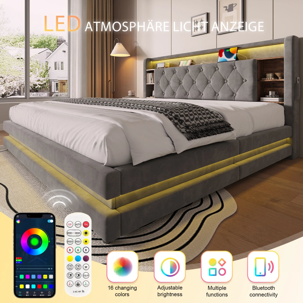 LETTO Contenitore 180x200 cm Velluto Grigio Scuro con testiera multifunzione