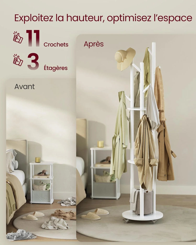Appendiabiti con 11 ganci e 3 ripiani 4 ruote girevoli a 360° gancio mobile e palo in legno per ingresso camera da letto soggiorno bianco 12_0007117