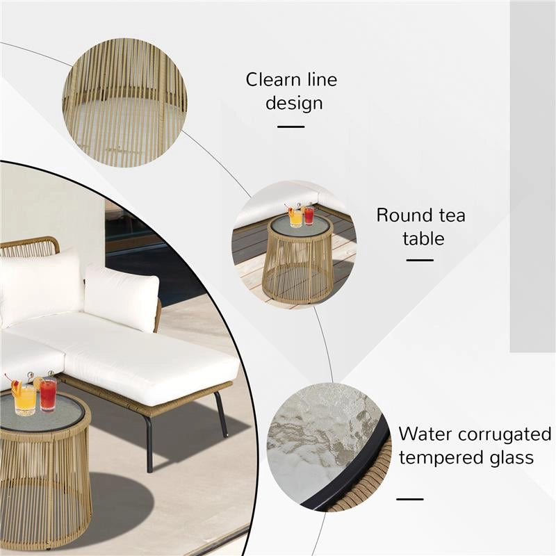 SET 3 PEZZI DIVANO 2 POSTI CHAISE LONGUE E TAVOLINO BEIGE E CAFFÈ