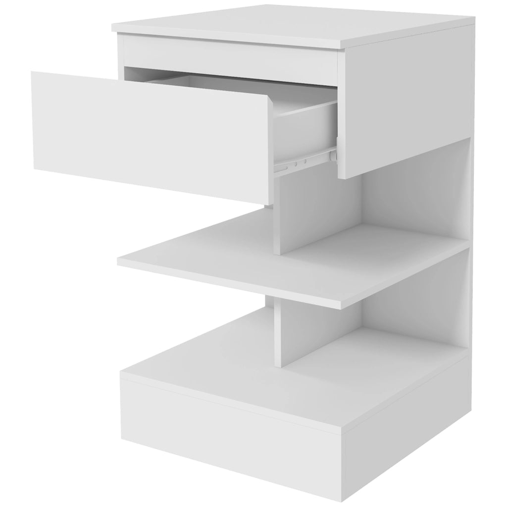Comodino Moderno in Truciolato e MDF con un Cassetto e 2 Ripiani, 39x39x65 cm, Bianco