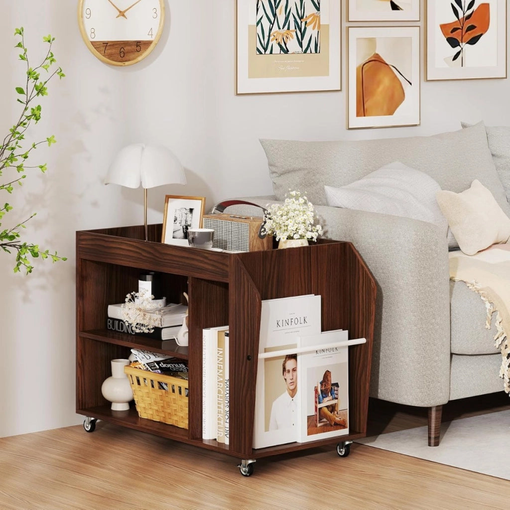 Tavolo laterale e libreria a 3 ripiani con ruote universali-Comodino con 3 scomparti e 1 ripiano laterale in legno