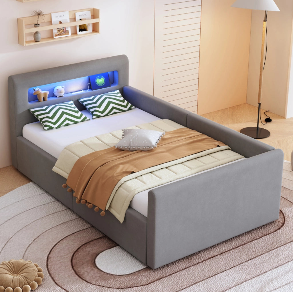Letto imbottito per bambini 90x200 cm in velluto grigio chiaro con LED; USB e contenitore idraulico
