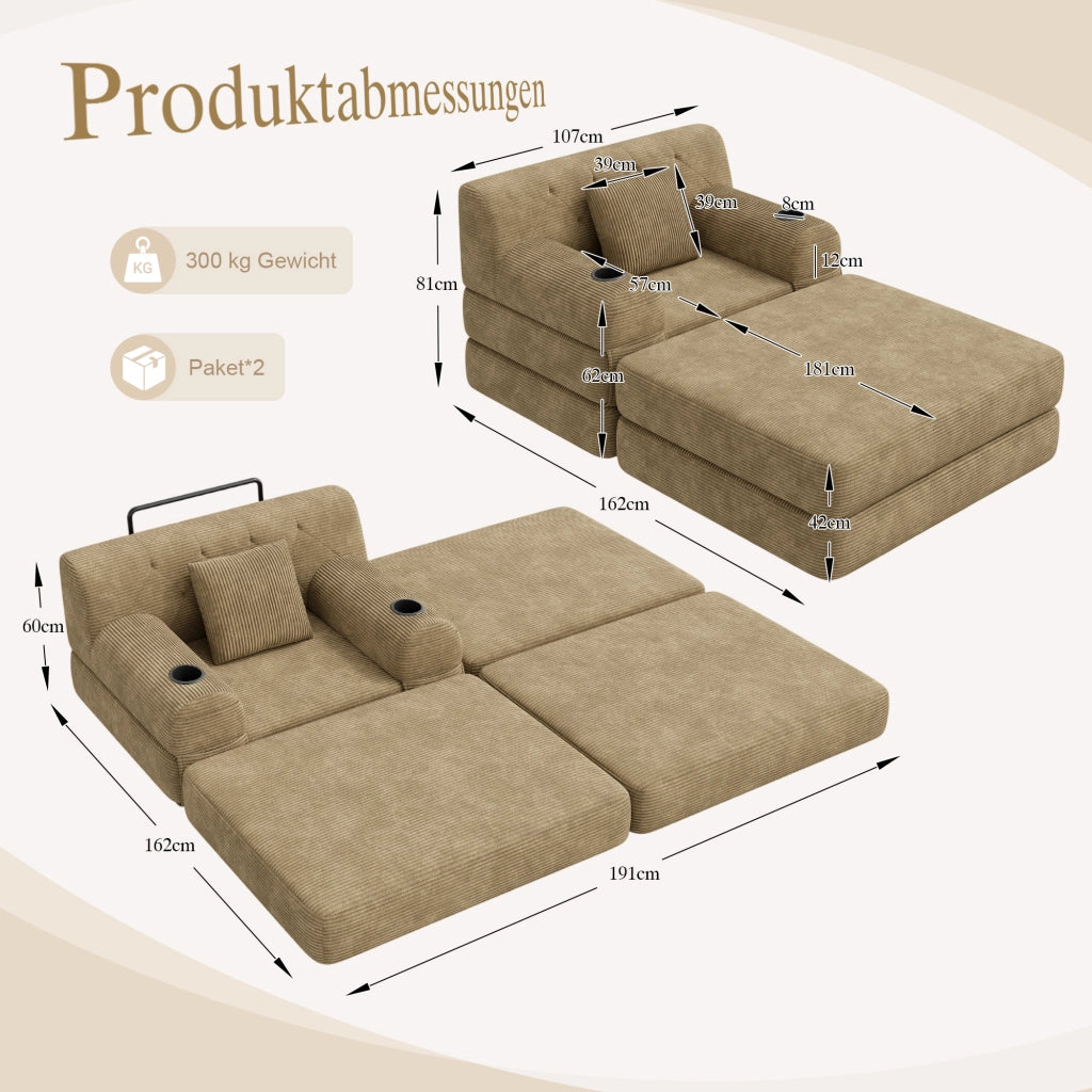 Poltrona letto 1 posto con funzione letto; portabicchieri e 4 tasche in corduroy kaki