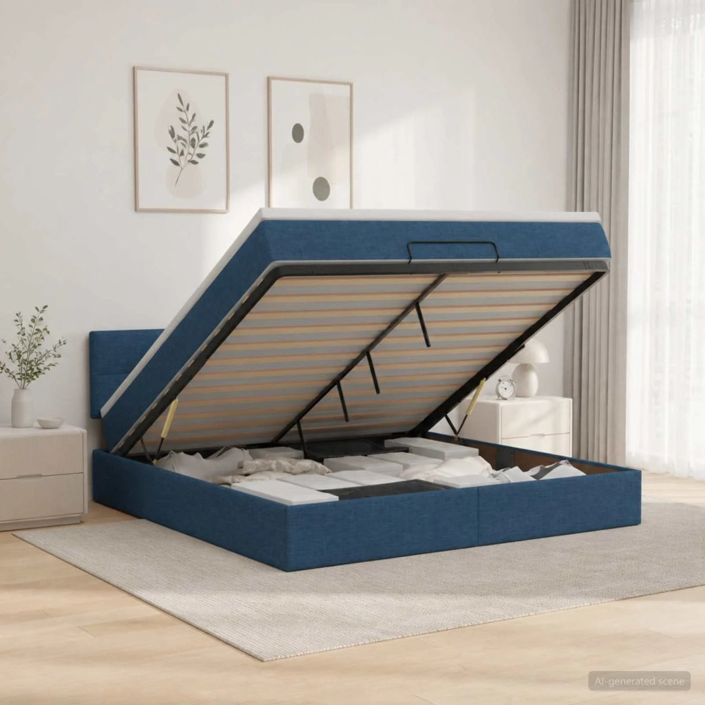 Letto Ottomano con Materasso e LED Blu 180 x 200 cm Tessuto 3456932