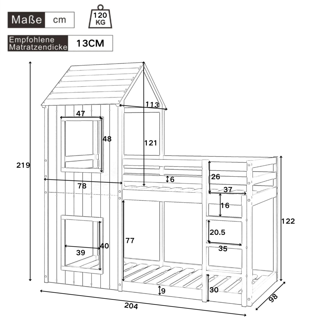 Letto a castello 90x200 cm; con sponda di sicurezza; legno; grigio (Senza materasso)