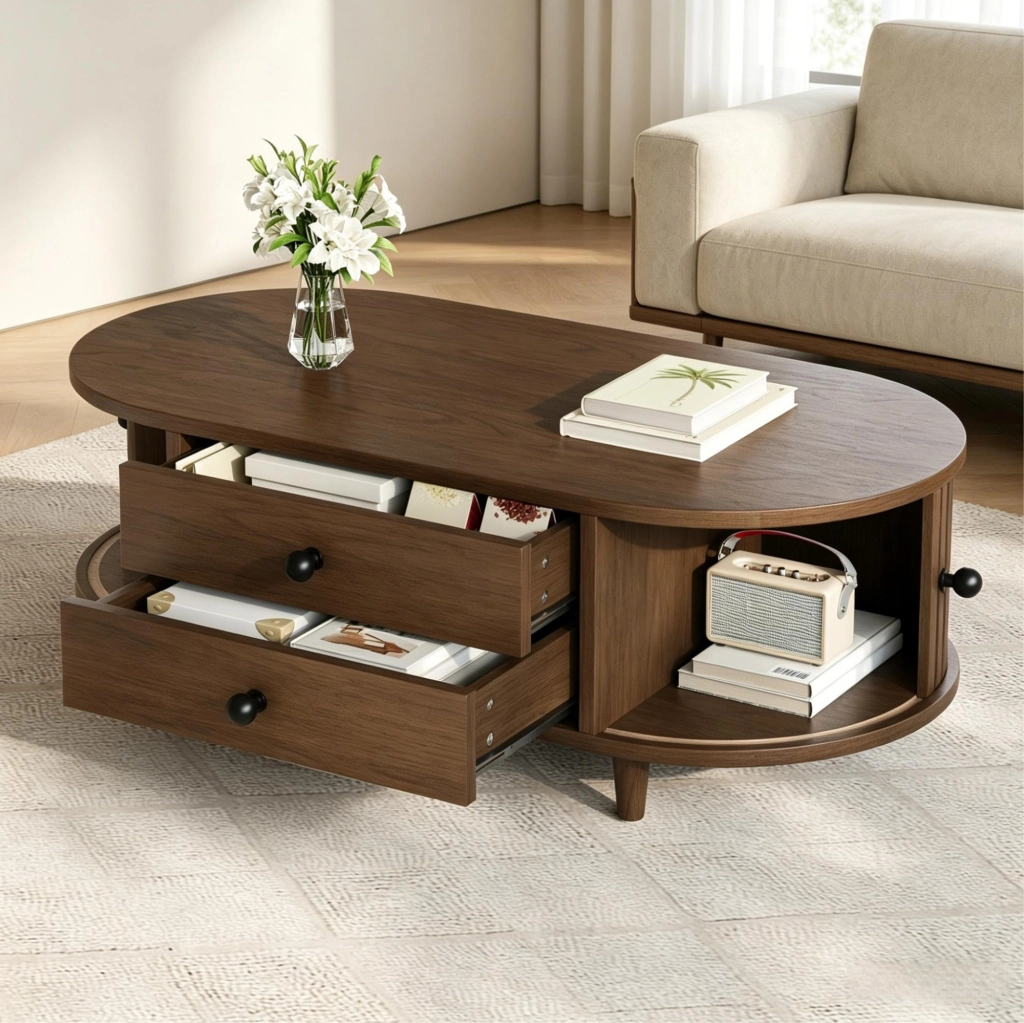 Tavolino da salotto 100x50x36 cm con ante scorrevoli e 2 cassetti in MDF color noce
