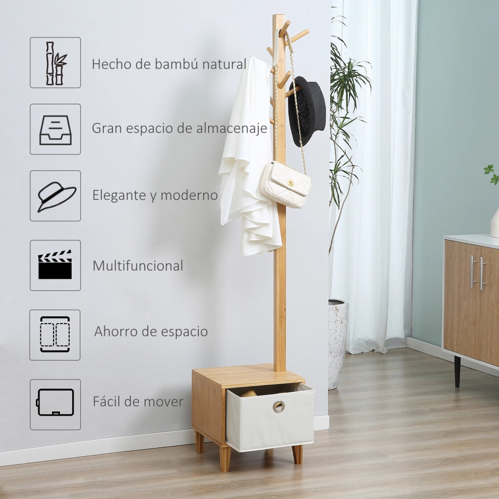 Appendiabiti con Banco e Cassetto ¨C Zephmum ¨C Legno Bamb¨´ Naturale 35x35x177 cm
