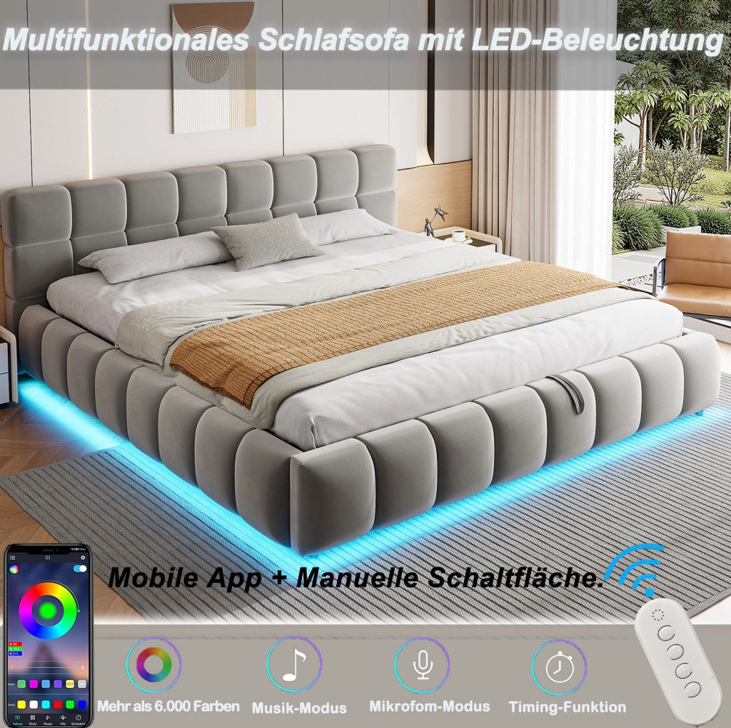 Letto imbottito 160x200 cm con contenitore idraulico; LED; velluto grigio