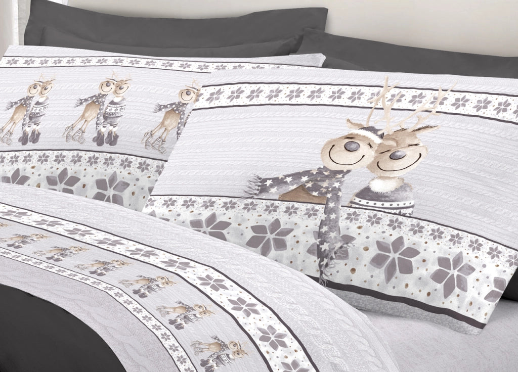 Completo Lenzuola Linea Pensieri Delicati 100% Cotone Disegno Renna - Matrimoniale - Grigio