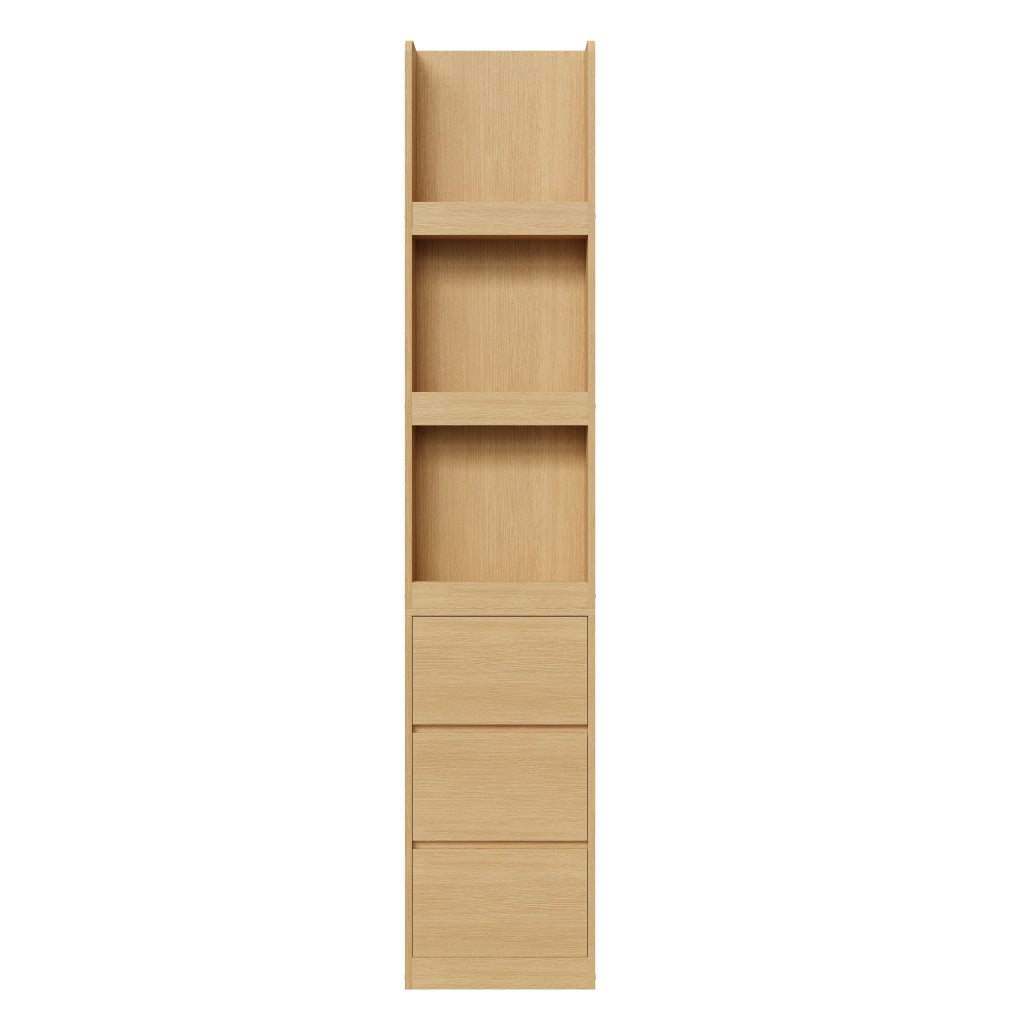 Libreria stretta con 3 vani aperti e 3 cassetti; reversibile con kit antiribaltamento; 60×40×200 cm