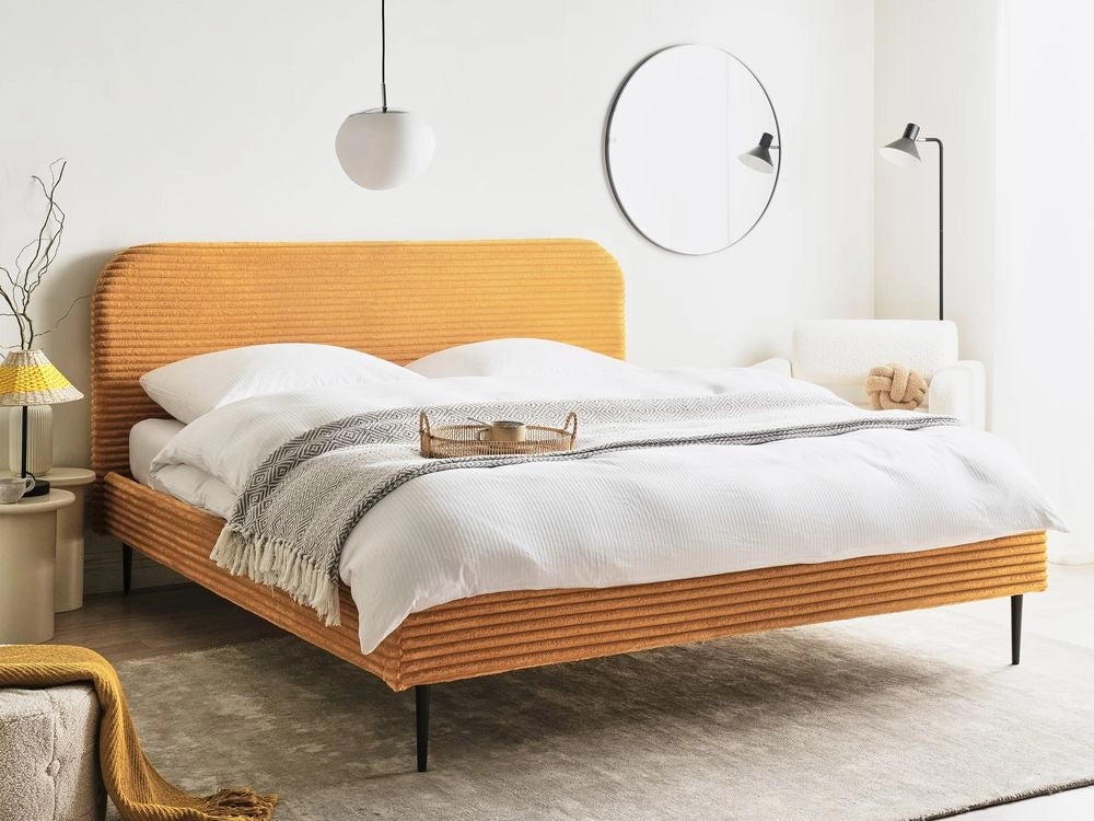 Letto arancione velluto a coste testiera con rete a doghe 180 x 200 cm design minimalista