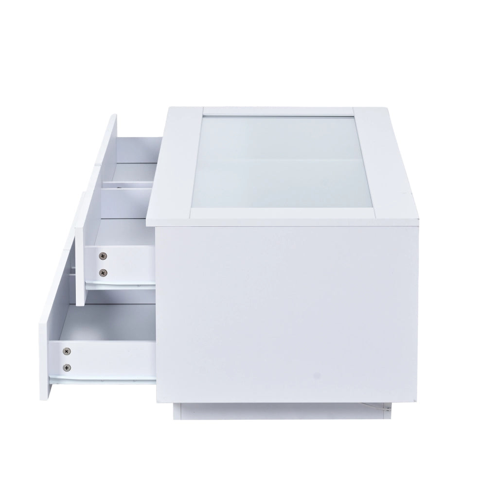 Tavolino da caffè 100x50x40 cm con 4 cassetti; LED; piano in vetro temperato; truciolare bianco