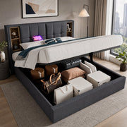 LETTO Contenitore 180x200 cm in cotone grigio con ricarica wireless, USB e Tipo C