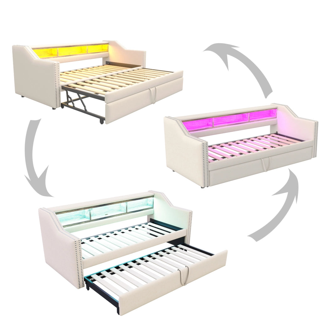 Divano letto estraibile 90/180x190 cm con LED, USB e 2 materassi beige