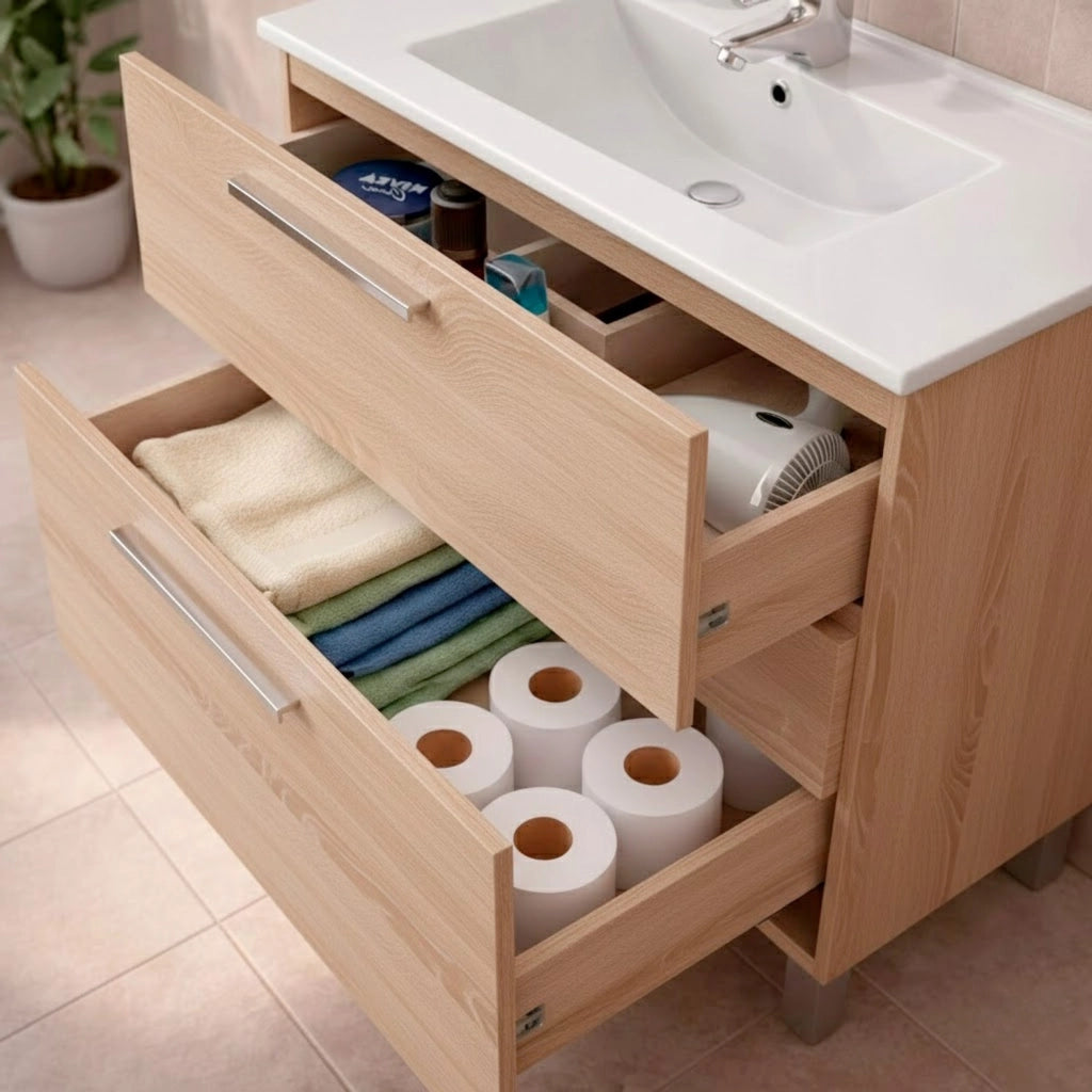 Mobile Bagno A Terra Con 3 Cassetti E Lavabo In Ceramica Con Specchio Incluso Design Moderno Salvaspazio Elegante E Funzionale 77 X 50 Cm 80 X 45 X 86 Cm Rovere Chiaro