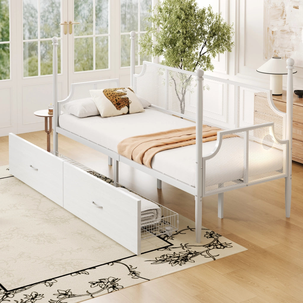 Letto singolo 90×200 cm con cassetti; testiera e braccioli vintage; senza materasso; metallo; bianco