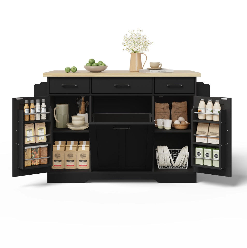 Isola cucina con piano ribaltabile 120x70x87 cm in MDF nero; carrello con ruote e porta spezie