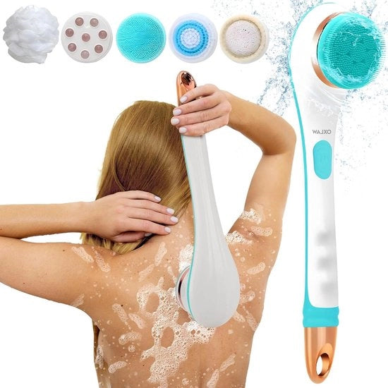 Set di spazzole elettriche riscaricabili - spazzola cutanea rotante con manico lungo - 4 spazzole intercambiabili per pulizia e massaggio