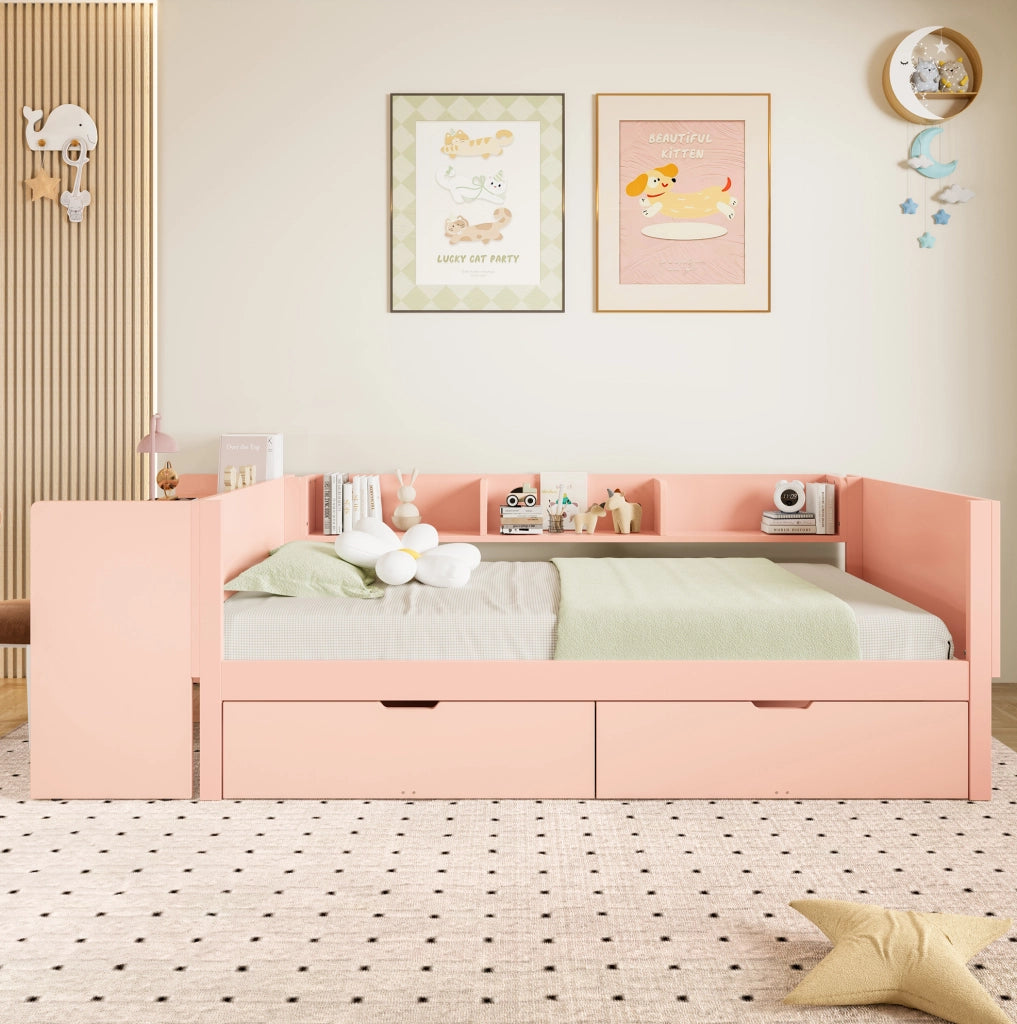 Letto 90x200 cm con scrivania; 2 cassetti e ripiani in pino e truciolare bianco/rosa