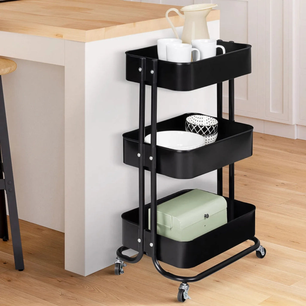 IDMarket - Carrello a 3 livelli con ripiano portaoggetti su rotelle, acciaio nero
