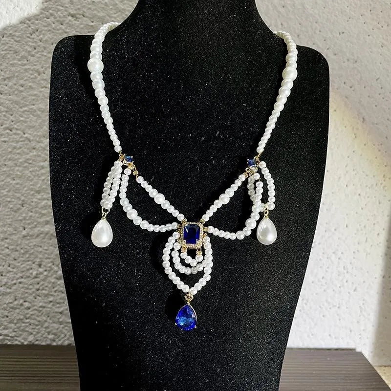 Collana vintage a pi¨´ strati con perle e gocce blu, regalo di Natale o compleanno.