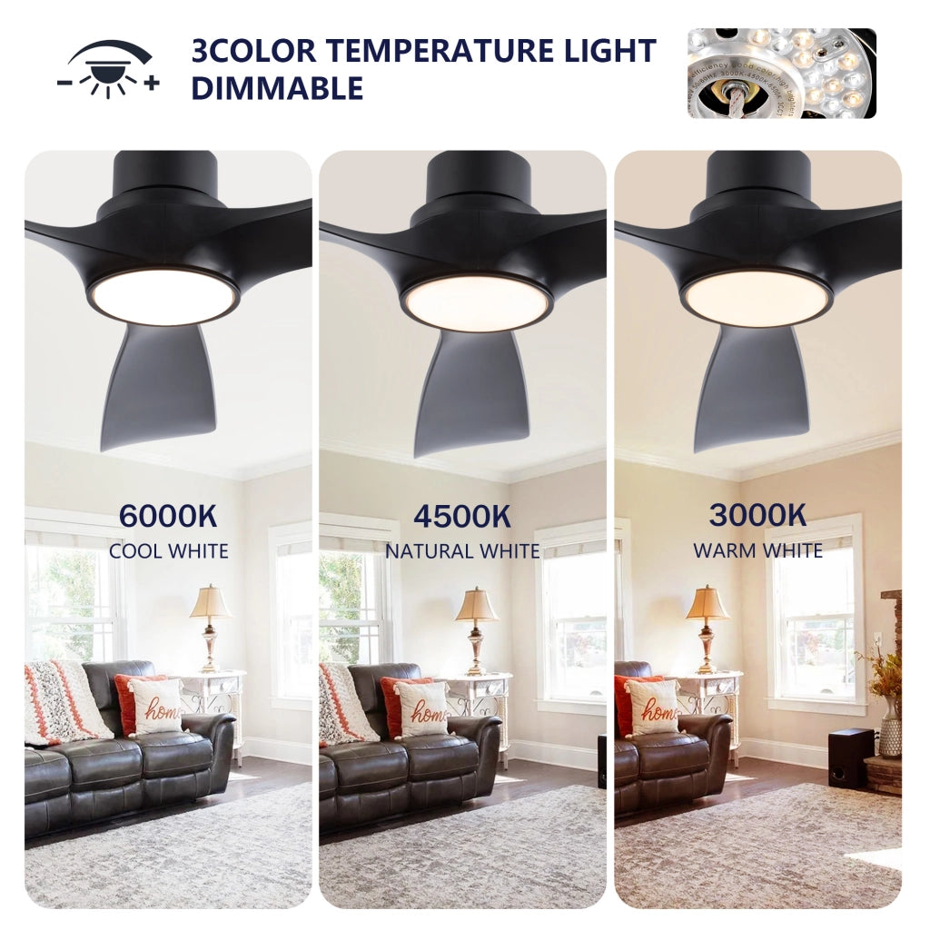Ventilatore da soffitto nero 52 pollici con luce e telecomando, motore DC reversibile, 3 temperature, moderno interni/esterni, camere e soggiorni