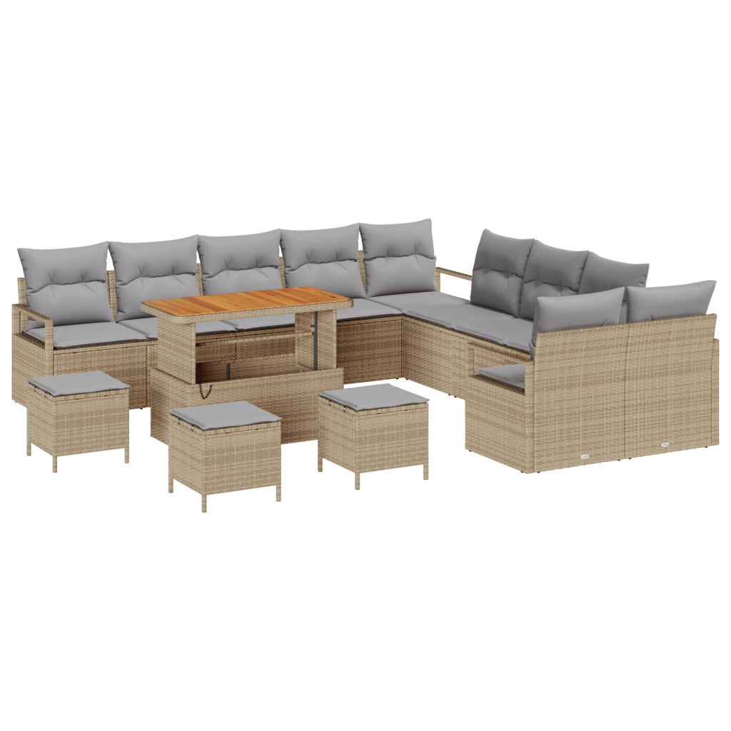 Set di Divani da Giardino a 14 Pezzi con Cuscini Beige Polyrattan Acacia