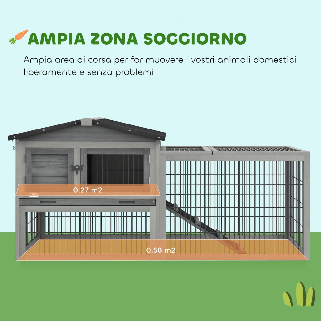 Conigliera da Esterno con Rampa ¨C zephmum ¨C Legno di Abete, Grigio Chiaro, 150x52x68 cm