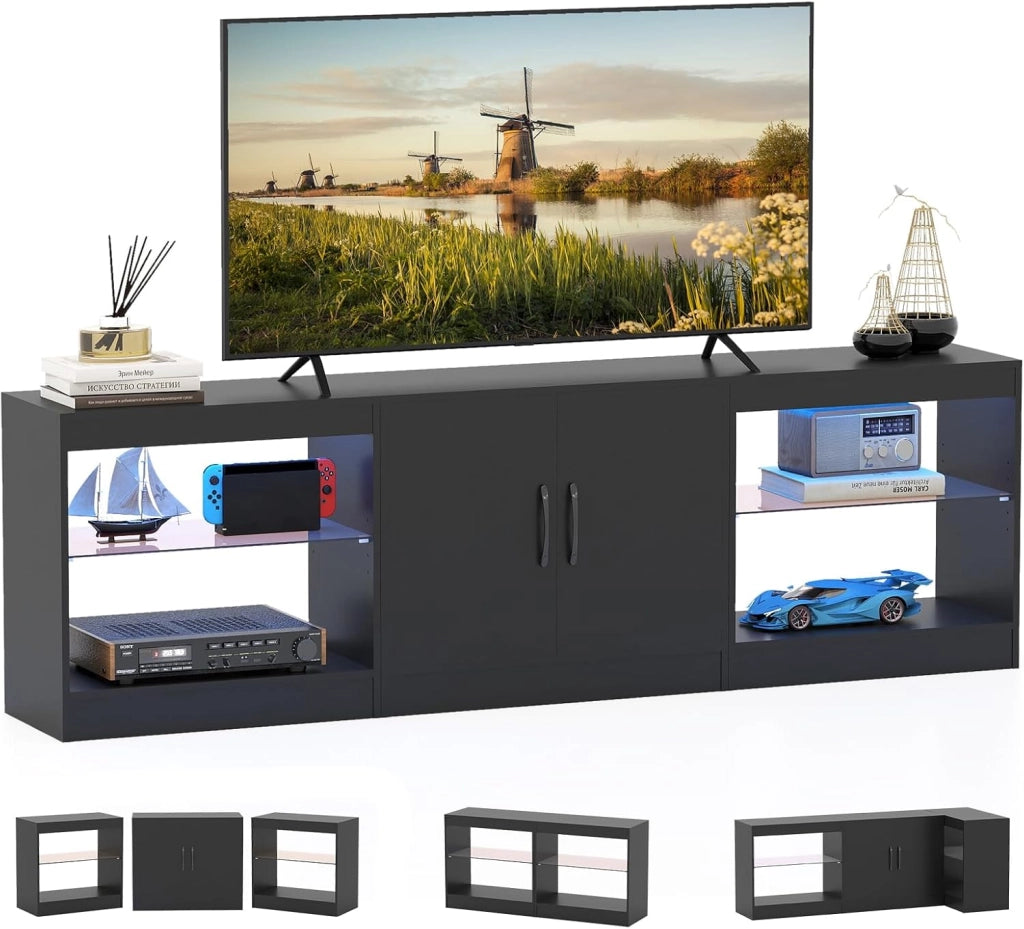 Mobile TV da 85" 3 in 1 con Luci LED, Mobiletto porta Televisori Liberamente Combinabile da 3 Pezzi, con Ripiani in Vetro Regolabili, per Soggiorno, Camera da Letto, 195x30x55cm (Bianco)