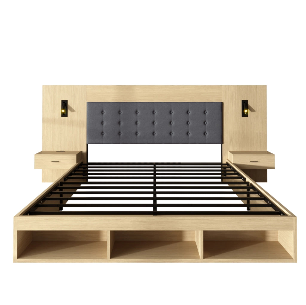 Letto matrimoniale 160x200 cm con comodini, luci orientabili e porte USB/Type-C