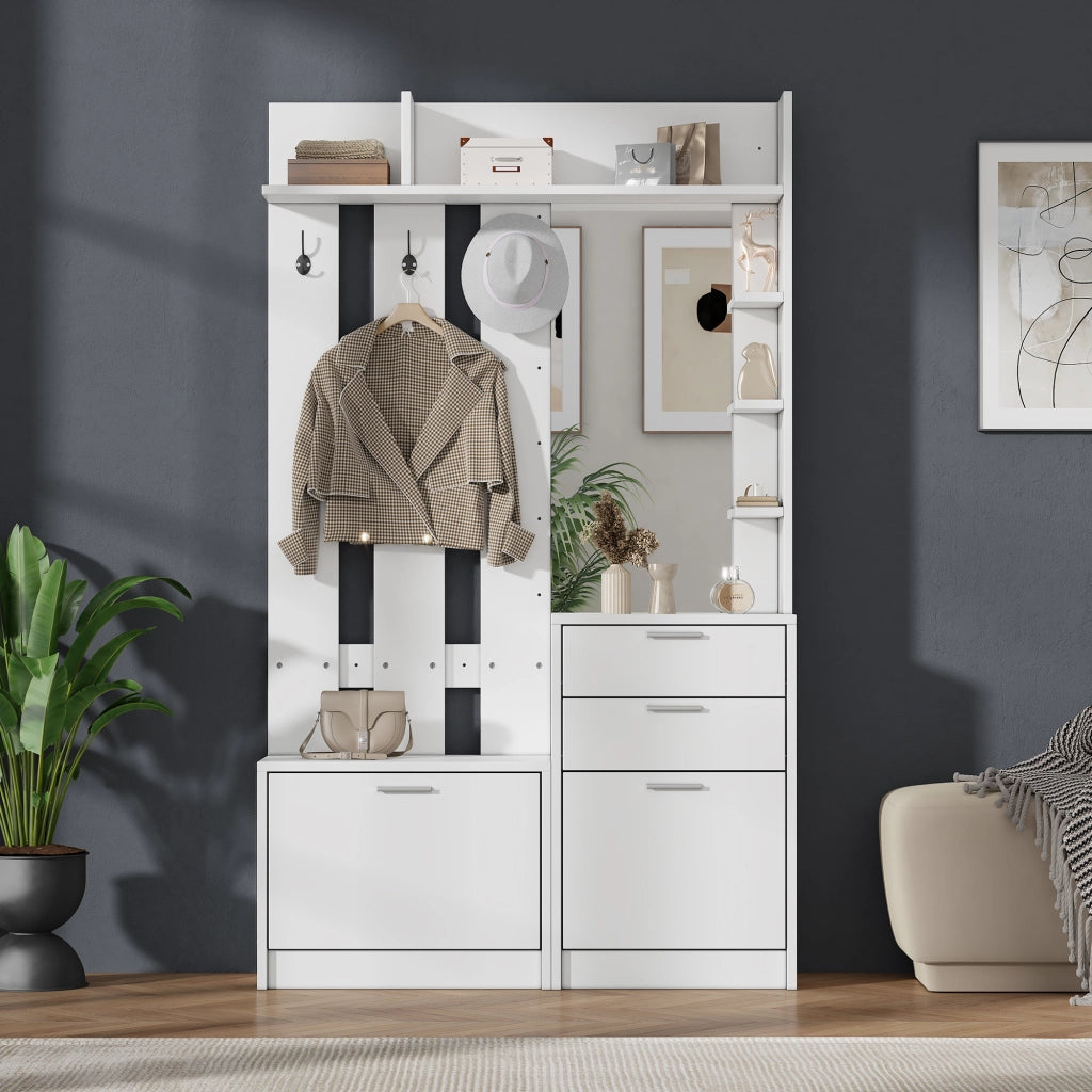 Appendiabiti con specchio; 2 cassetti; 2 scarpiere; 3 ganci e ripiani per ingresso 110 Ã— 34 Ã— 185 cm