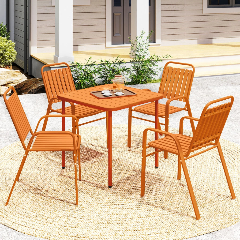 Tavolo da giardino con 4 sedie impilabili ¨C zephmum ¨C piano a doghe 80 cm, struttura in acciaio, arancione