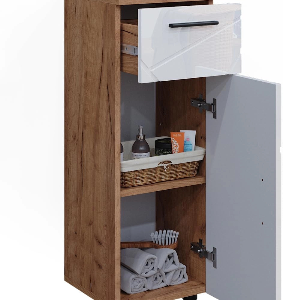 Mobiletto bagno Irma, Bianco lucido/oro power oak, 30 x 81 cm, per la conservazione in bagno, abbinabile alla serie Irma