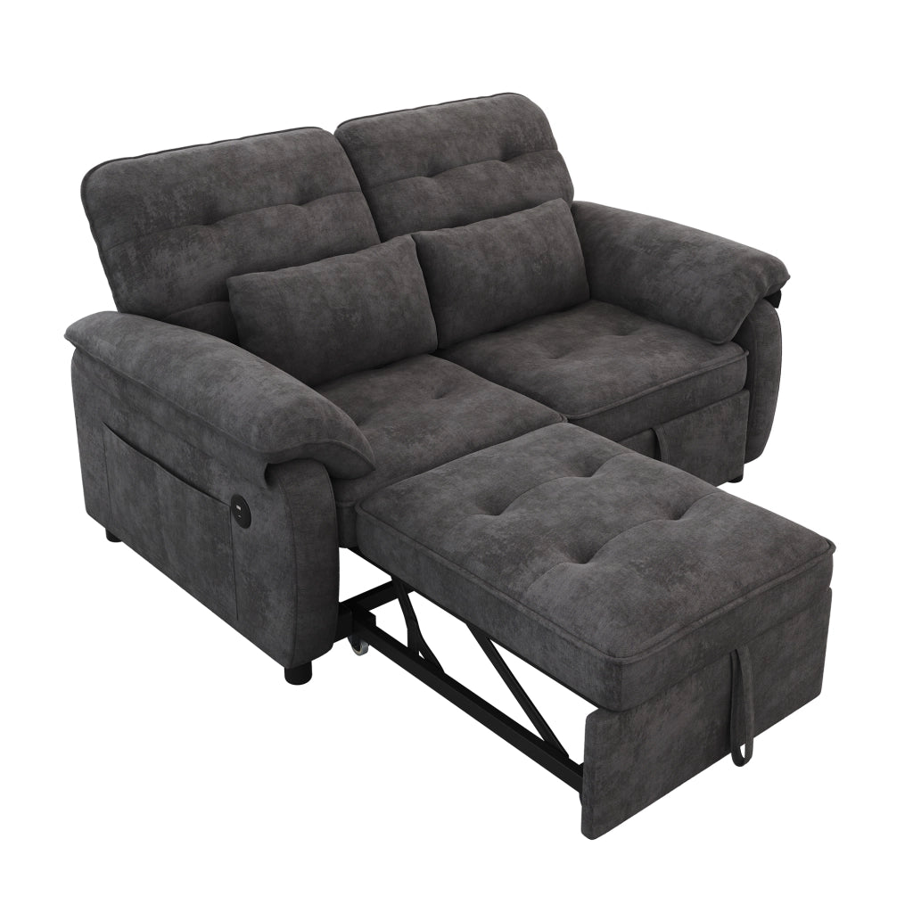 Divano letto 3 in 1 2 posti con schienale reclinabile e porte USB/Type-C; chenille grigio