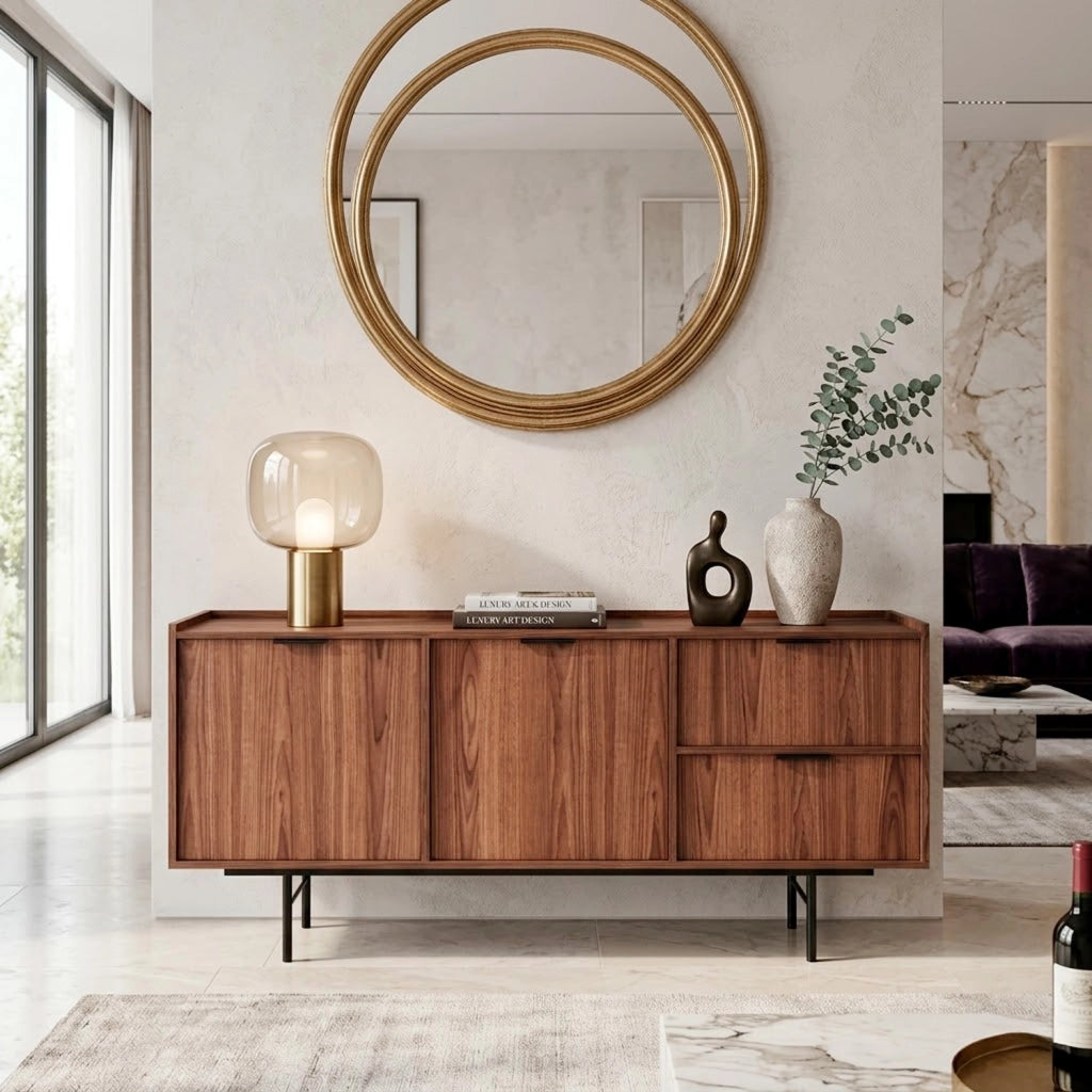 Madia Credenza Moderna Con 2 Ante 2 Cassetti Ampio Spazio Contenitivo Ripiani Interni Struttura In Melaminico Gambe In Metallo Per Soggiorno Sala Da Pranzo Ingresso 150 X 40 X 68 Cm Noce